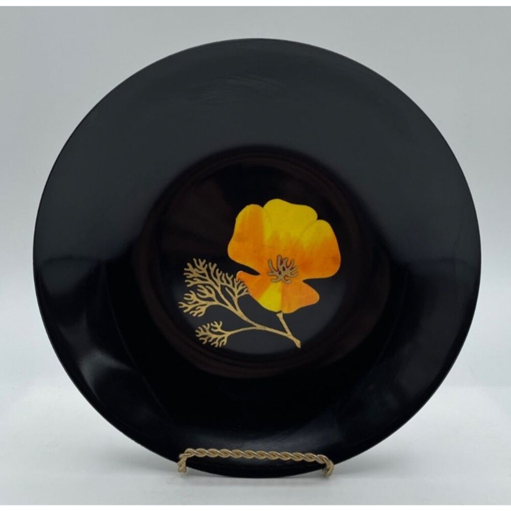MCM Couroc of Monterey Poppy Bowl Plate 7 5/8” Black Satin Phenolic Inlay